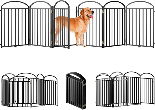 6 Panles Full Matel Freestanding Dog Gates with Door, 144"Extra Wide 32"Tall Free Standing Dog Pet Gate for Indoor & Outdoor. Foldable Pet Fences for Doorways, House, Stairs, Porch, Deck, Yard-PurrikoPets