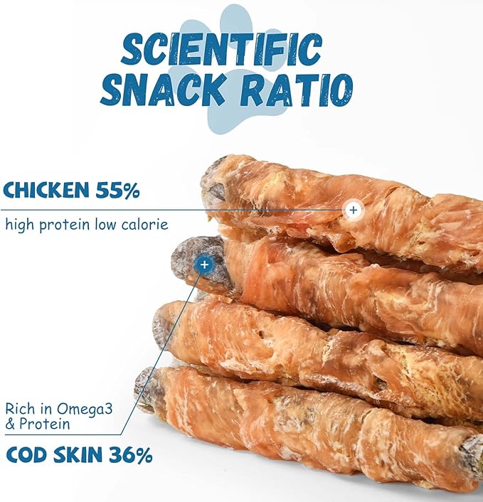 Dog Treats Chicken Wrapped Cod Fish Skin Sticks, Healthy High Protein Omega3 Cod Twist Dog Chews Real Chicken Wrap Teeth Cleaning for Large Medium Small Breeds, 10.6 oz-PurrikoPets