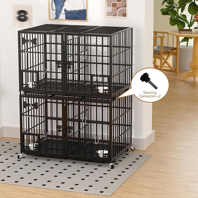 aboxoo 48 inch Stackable Heavy Duty Metal Dog Crate for 4 Dogs/Large Dog,All Metal Open Top Access,Escape Proof Cage,Dog Kennel Indoor with Wheels,Floor Grid, Tray, Divider and Feeding Bowl-PurrikoPets