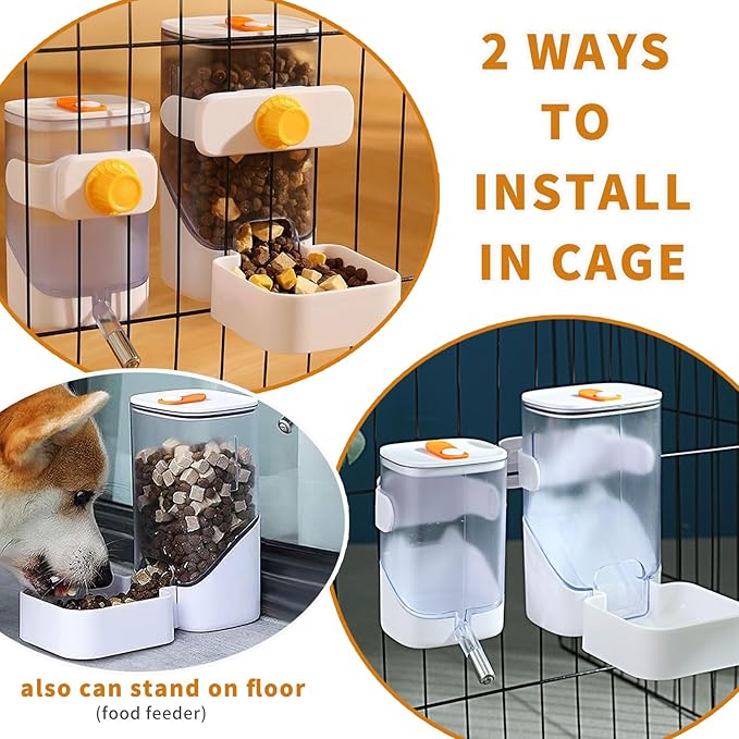 34oz Automatic Rabbit Feeder for Cages, Hanging Auto Bunny Food Bowl Dispenser Small Aniaml Cage Accessories for Ferret Guinea Pig Rat Rabbit Cat Puppy (White)-PurrikoPets