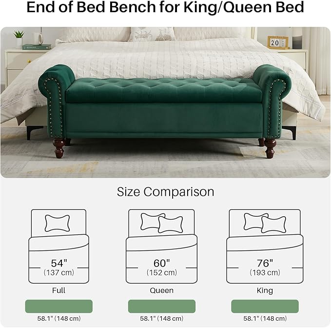 58.1'' Storage Bench Upholstered Velvet End of Bedroom Bed Bench Ottoman with Tufted Cushioned Rolled Arm Large Storage Space for Reading Living Room Entryway,Dark Green-PurrikoPets
