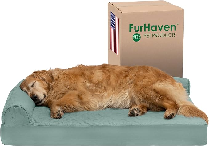 Furhaven Cooling Gel Dog Bed for Large Dogs w/ Removable Bolsters & Washable Cover, For Dogs Up to 95 lbs - Pinsonic Quilted Paw L Shaped Chaise - Iceberg Green, Jumbo/XL-PurrikoPets