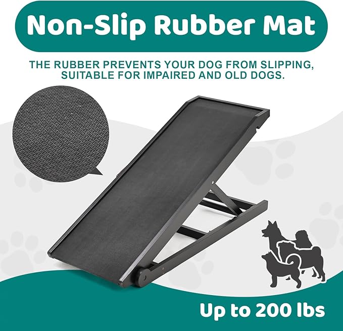 Dog Ramp for Bed, Adjustable Pet Ramps for Dog to Get on Bed, Non-Slip Rubber Surface - Folding Wooden Dog Ramp for Small/Large/Old Dogs, Adjustable up to 19.5 inch High Beds-PurrikoPets