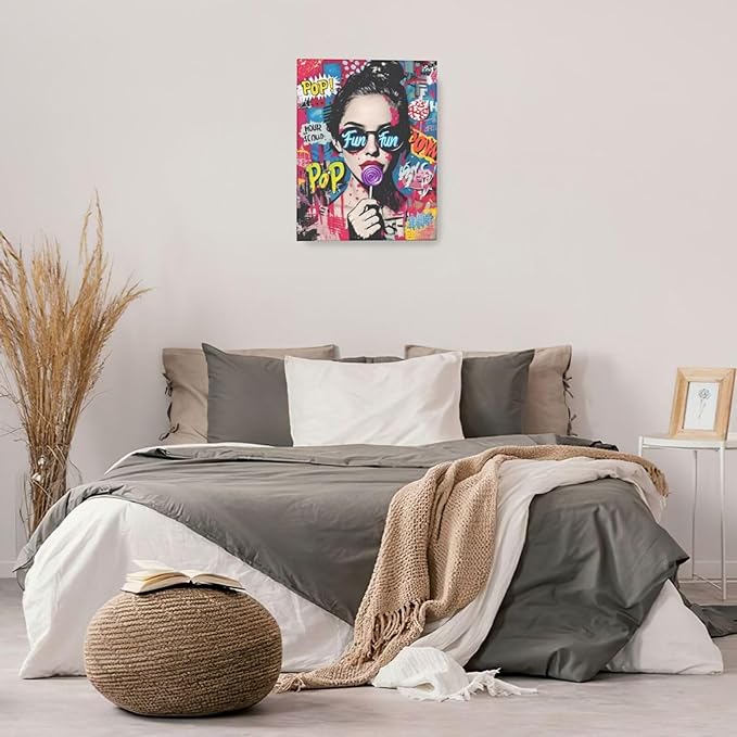 Fashion Women Wall Art Glam Modern Artwork for Girls Banksy Street Graffiti Pop Art Canvas Pictures Painting Print Framed Decorations Gifts for Bedroom Living Room Office 16"x20"-PurrikoPets