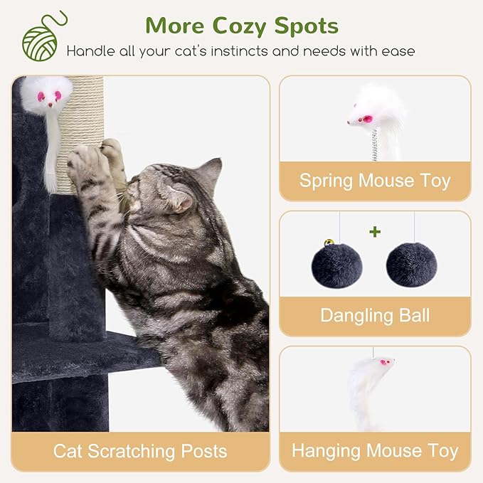 Globlazer Cat Tree Tower for Indoor Cats, 50-inch Adult Cat Tree House for Large Adult Cats with Steps, Scratching Post, 2 Cat Caves, Dangling Toys, FC50, Dark Grey-PurrikoPets