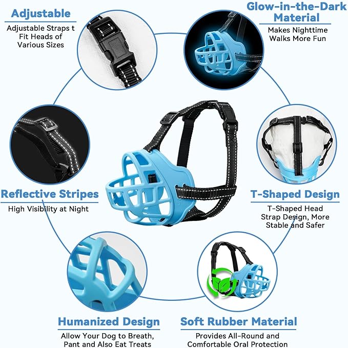 Dog Muzzle for Large Dogs, Breathable Basket Muzzles for Small, Medium and X-Large Aggressive Dog, Allows Panting Drinking, Suitable for Grooming Trimming Training (5, Luminous Blue)-PurrikoPets