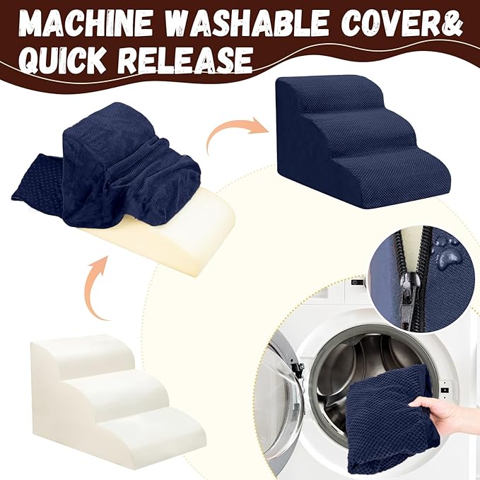 Dog Stairs for Small Dogs - High Density Foam Pet Steps, Extra Wide Dog Ramp with Non-Slip Bottom for High Beds, Couch and Sofa, Best for Dogs Injured, Older Doggy Cats, 3 Steps, Navy-PurrikoPets