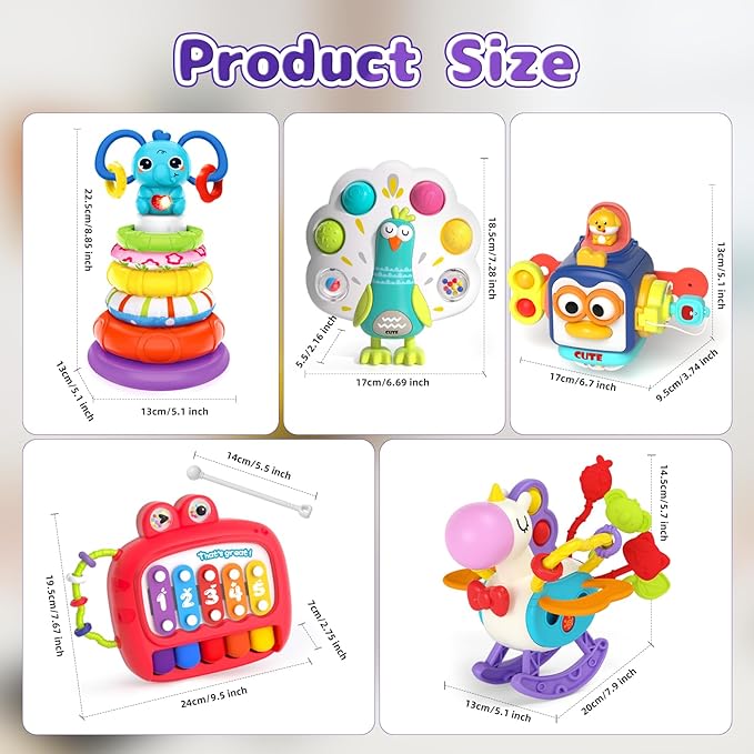 5 in 1 Baby Toy for 12 18 Month, Learning Toys for Babies 12-18 Months, Baby Busy Cube, Stacking&Sensory, Pull String&Piano Xylophone Toy, Birthday Gift for 12+ Month-PurrikoPets