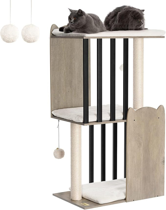 FourFurPets 43.8in 3-Tier Modern Cat Tree Tower Condo, Cat Scratch Posts for Indoor Cats, Big Plate, Two 19.7in Full Sisal Scratching Posts, Greige-PurrikoPets