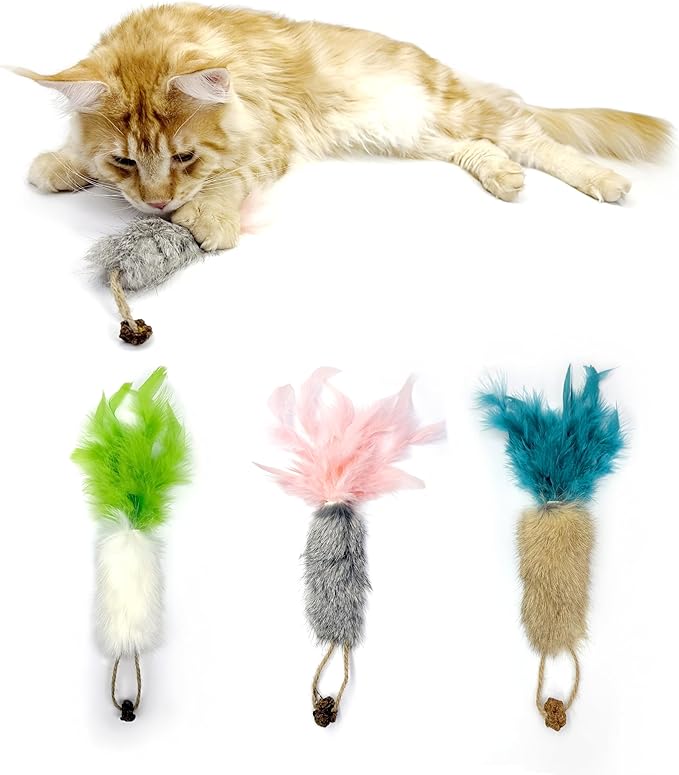 3 Pack Rabbit Fur Catnip Toys with Feathers – Interactive Carrot Cat Toys with Galls Fruit for Indoor Cats and Kittens-PurrikoPets