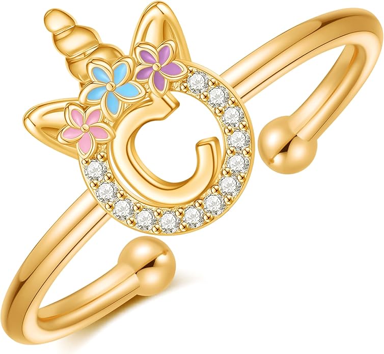 Unicorn Rings Gifts for Girls - Adjustable Initial Ring Dainty Cute Unicorn Rings for Girl Teens Little Girls Jewelry Birthday Gift