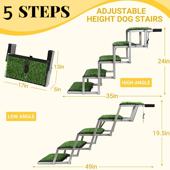 Dog Stairs for Car, Portable Folding Dog Ramps,Dog Steps for Large Dogs with Non-Slip Grass Rug for Cars, SUV, Trucks, Lightweight Pet Ramp Supports Up to 200 lb, 5 Steps-PurrikoPets