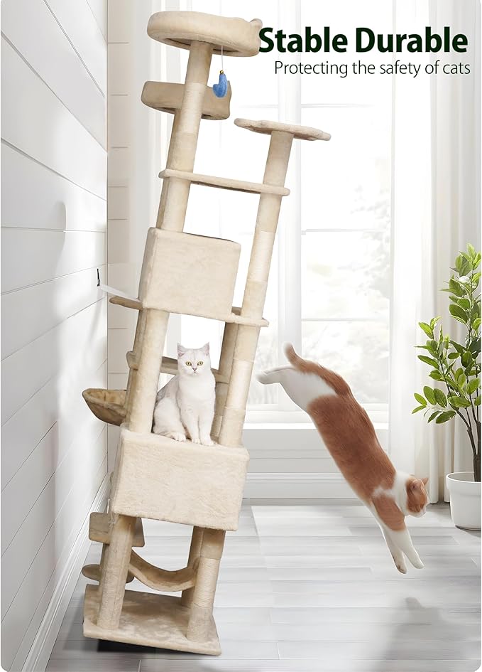 85inch Heavy Duty Cat Tree for Indoor Cats Large Adult, Tall Giant Cat Tower with Scratching Post, Large Perches, Cozy Cat Condos & Hanging Hammocks, Beige-PurrikoPets