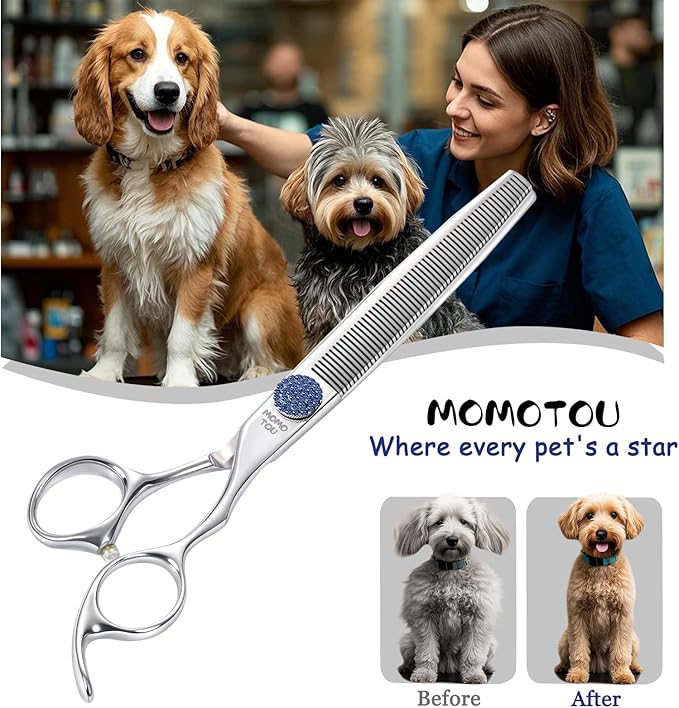 7.5'' Dog Grooming Scissors CNC 440C Blades Sharp and Durable Polished Thinning Dog Shears with Blue Diamond Adustable Screws Easy to Use for Groomer and Home User-PurrikoPets
