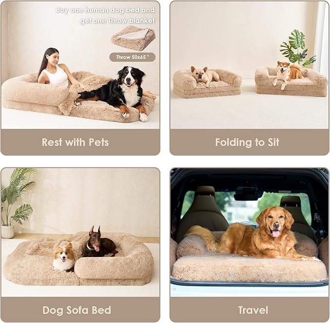 EHEYCIGA Foldable XXL Dog Bed, Faux Fur Fluffy Pet Couch Bed for Extra Large Dogs, Orthopedic Calming Memory Foam Big Pet Bed, Washable Soft Pet Sofa Bed with Non-Slip Bottom, Camel, 54"x38"x7.5"-PurrikoPets