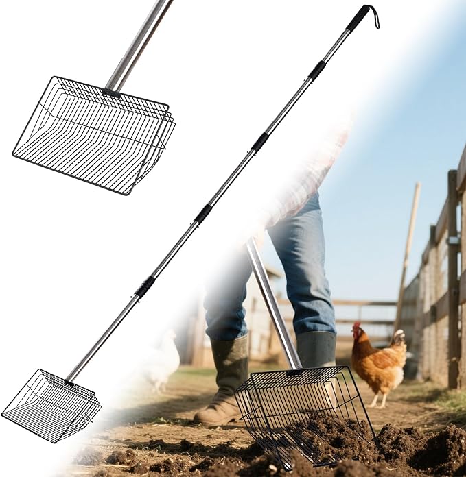 10inch Large Metal Chicken Poop Scooper,32 to 67" Adjustable Long Chicken Coop Litter Scoop,Heavy Duty Sifting Shovel for Chicken Coop & Pet Waste Cleaning-PurrikoPets