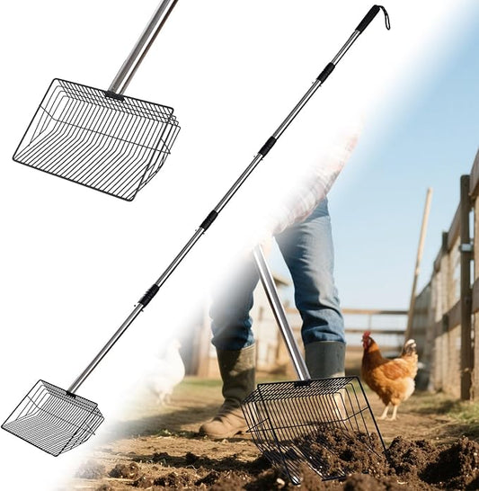 10inch Large Metal Chicken Poop Scooper,32 to 67" Adjustable Long Chicken Coop Litter Scoop,Heavy Duty Sifting Shovel for Chicken Coop & Pet Waste Cleaning-PurrikoPets