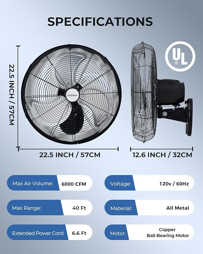20 inch Wall Mount Fan Oscillating, 3-Speed 5500 CFM High Velocity Industrial Wall Mounted Fan, Heavy Duty Air Circulator for Garage, Shop, Gym, Workshop, Covered Patio - UL Listed-PurrikoPets