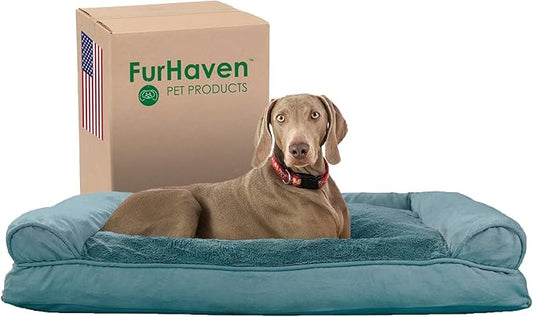 Furhaven Pillow Dog Bed for Large Dogs w/ Removable Bolsters & Washable Cover - Plush & Suede Sofa - Deep Pool, Jumbo/XL-PurrikoPets