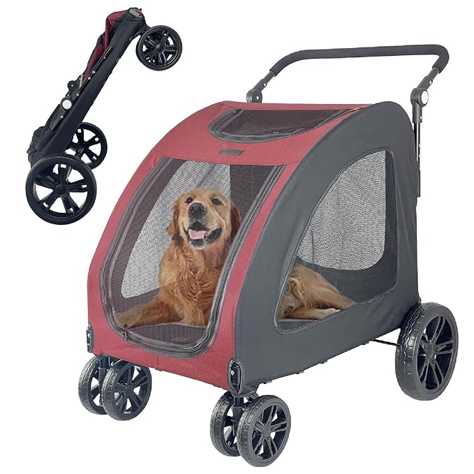 Extra Large Dog Stroller for Medium & Large Pets - Foldable Design, Adjustable Handle, Up to 130 lbs(Red)-PurrikoPets