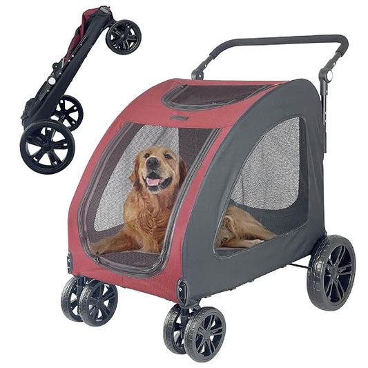 Extra Large Dog Stroller for Medium & Large Pets - Foldable Design, Adjustable Handle, Up to 130 lbs(Red)-PurrikoPets