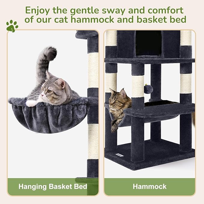 Globlazer Corner Cat Tree Tower for Indoor Cats, 51in Multi-Level Cat Condo Tower with Large Hammock, 7 Sisal Scratching Posts, Oversized Top Perch, Spacious Cat Cave, Hanging Basket, C51, Dark Grey-PurrikoPets
