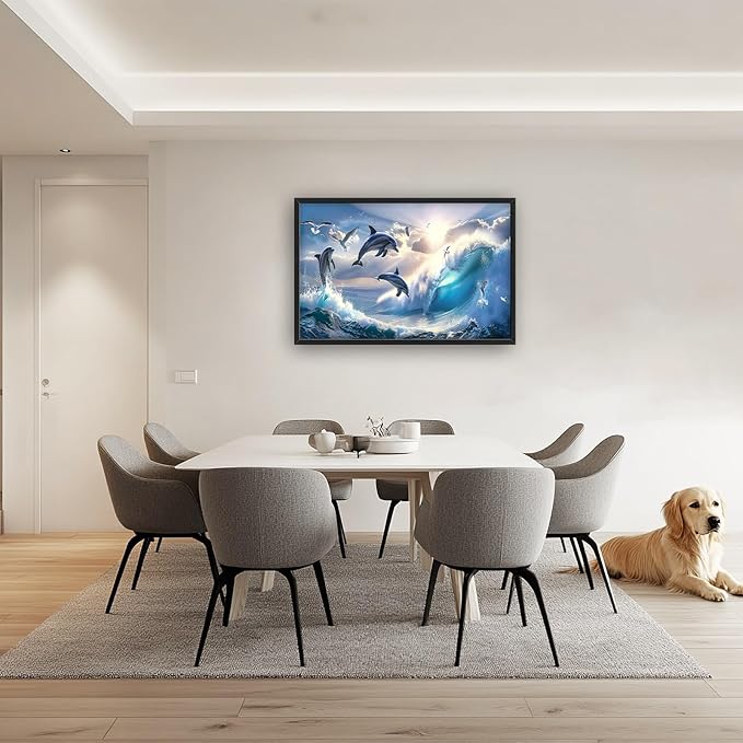 Dolphin Seagull Large Wall Art Sea Ocean Waves Sunrise Pictures Wall Decor Nautical Coastal Canvas Print Painting Artwork for Bathroom Living Room Bedroom 36L" x 24W"-PurrikoPets