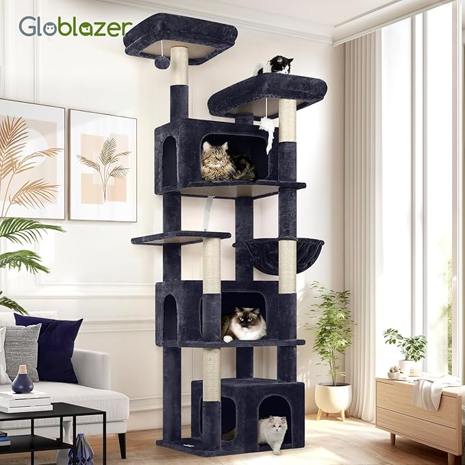 Globlazer Sturdy Cat Tree for Large Cats, 77 inch Large Cat Climbing Tower for Indoor Adult Cats, Cat Scratching Tower with 5 Scratching Posts, 3 Cat Condos, 2 Top Perches, S77, Dark Grey-PurrikoPets