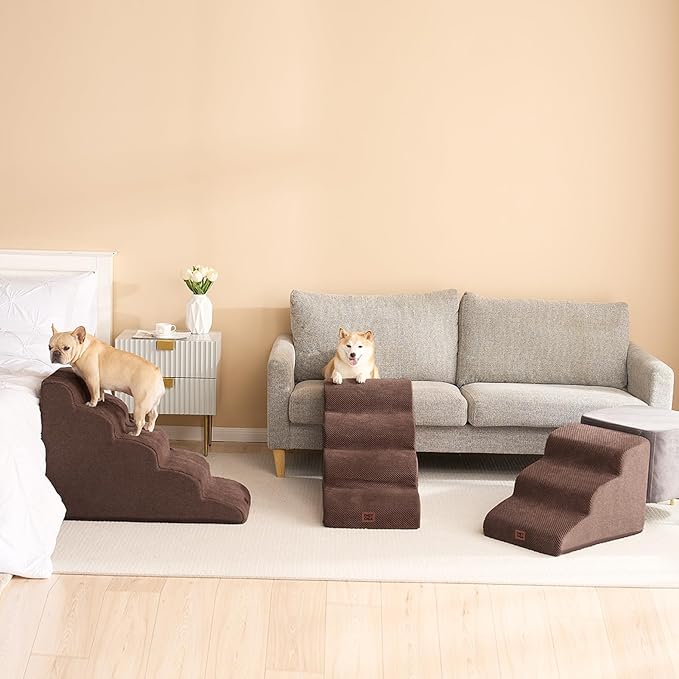 EHEYCIGA Curved Dog Stairs Ramp for High Beds 22.6" H, 5-Step Dog Steps for Small Dogs and Cats, Pet Stairs for High Bed Climbing, Non-Slip Balanced Pet Step Indoor, Brown-PurrikoPets