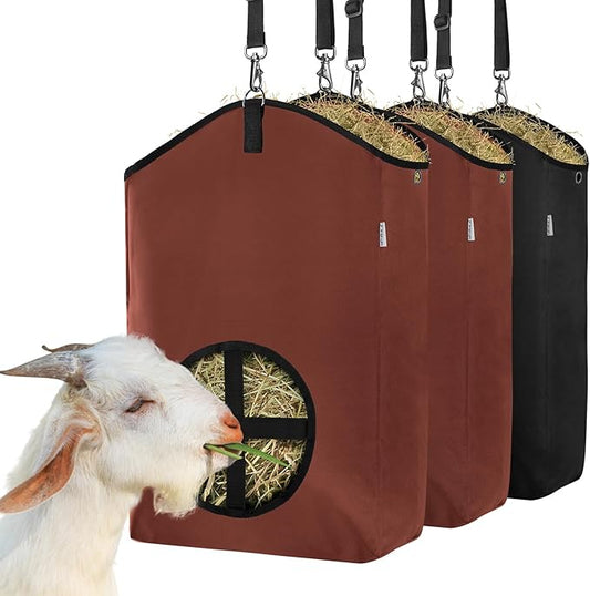 3 Packs Goat Hay Feeder,Hay Bags for Goats,Horses,Sheep,Premium 600D Oxford Cloth,with Metal Fastener and Adjustable Open Feed Hole for Slow Feeding. (2Brown + 1Black)-PurrikoPets