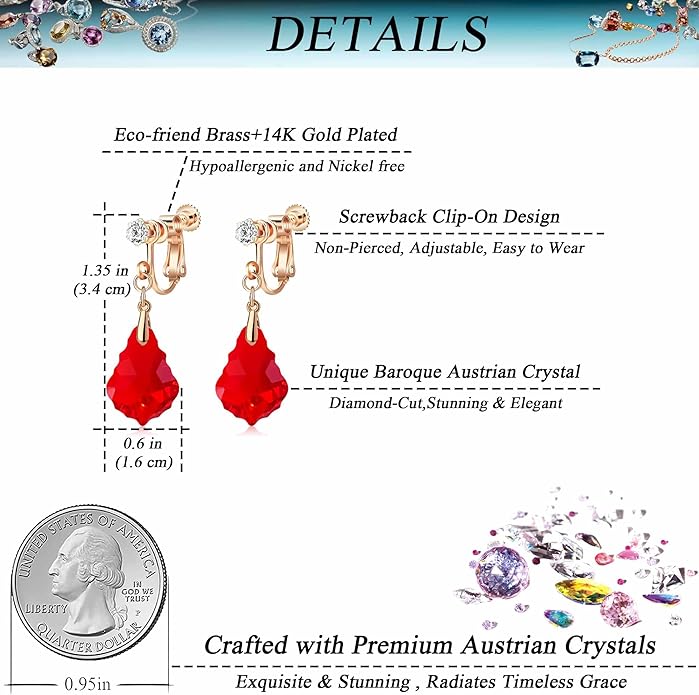 Austrian Crystal Baroque Drop Clip On Dangle Earrings for Women Non Pierced 14K Rose Gold Plated Hypoallergenic Jewelry