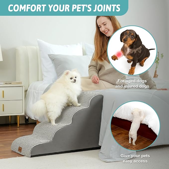 Dog Stairs for Small Dogs 19.7" H, Curved Dog Step for Puppy, Older or Cat, Medium Pet Ramp for Sofa, Couch or Bed, Ladder with High Density Foam, 15.7x28.3x19.7 inch, 4 Step, White Black-PurrikoPets