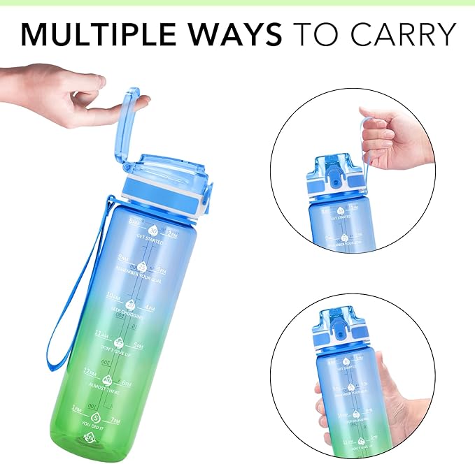 32oz Motivational Water Bottles with Time Marker & Fruit Strainer, Transparent Gradient Color Water Bottle with Times to Drink, Leakproof & BPA Free, Reusable Bottle with Strap (No Straw)-PurrikoPets