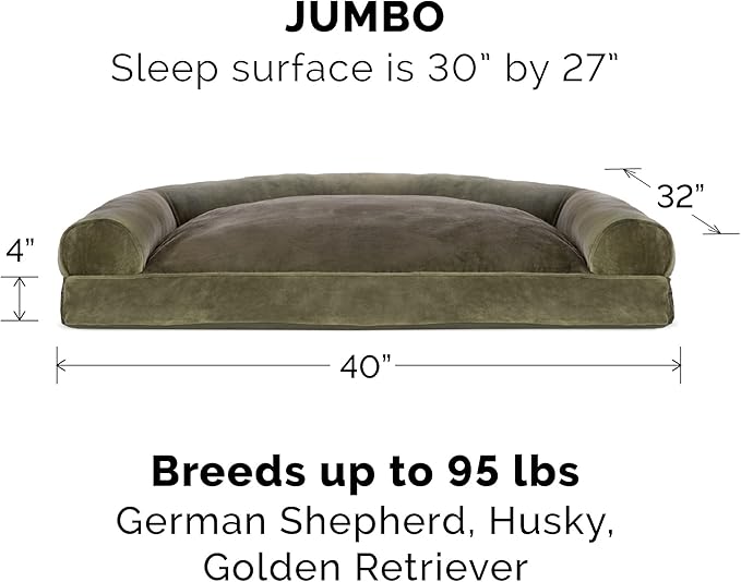 Furhaven Pillow Dog Bed for Large Dogs w/ Removable Bolsters & Washable Cover - Faux Fur & Velvet Sofa - Dark Sage, Jumbo/XL-PurrikoPets