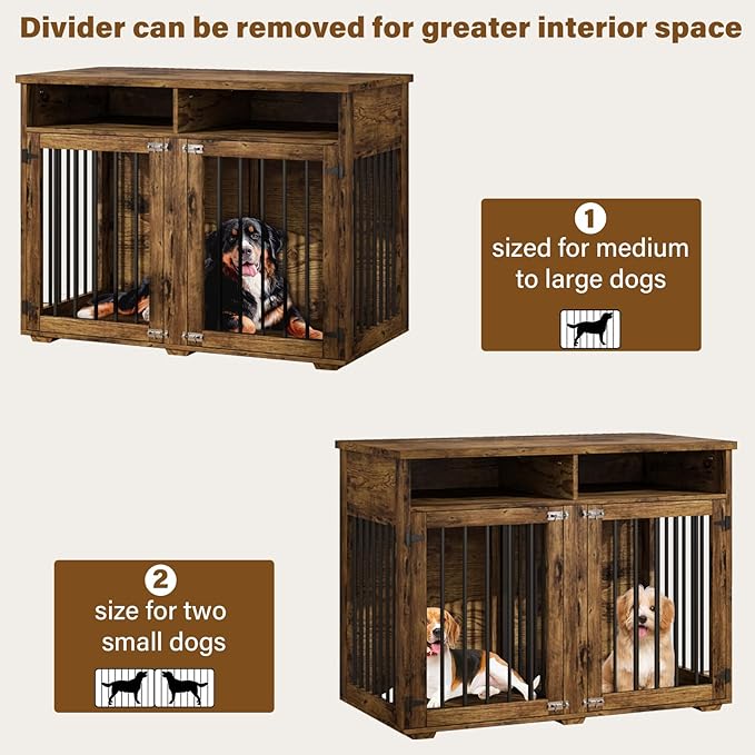 Furniture Dog Crate for 2 Dogs, 41 Inch Dog Kennel Furniture with Removable Divider and Shelf Storage, Wooden Dog Crate for Small/Medium Dogs, Rustic Brown-PurrikoPets