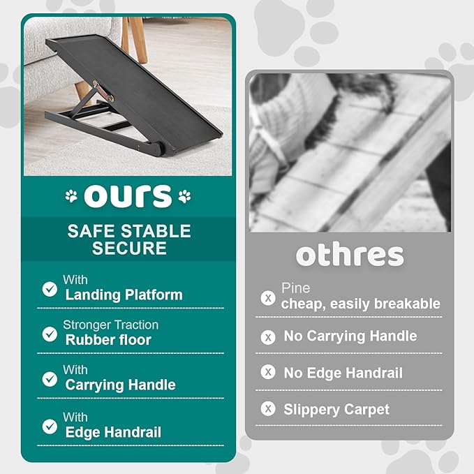 Dog Ramp for Bed, Adjustable Pet Ramps for Dog to Get on Bed, Non-Slip Rubber Surface - Folding Wooden Dog Ramp for Small/Large/Old Dogs, Adjustable up to 19.5 inch High Beds-PurrikoPets