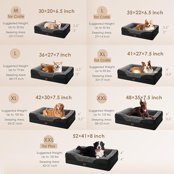 EHEYCIGA Memory Foam XL Dog Bed for XLarge Sized, Extra Large Orthopedic Dog Sofa with Sides and Waterproof Liner, Washable Bolster Pet Bed Couch with Removable Cover, 42x30x7.5 Inch, Grey/Black-PurrikoPets