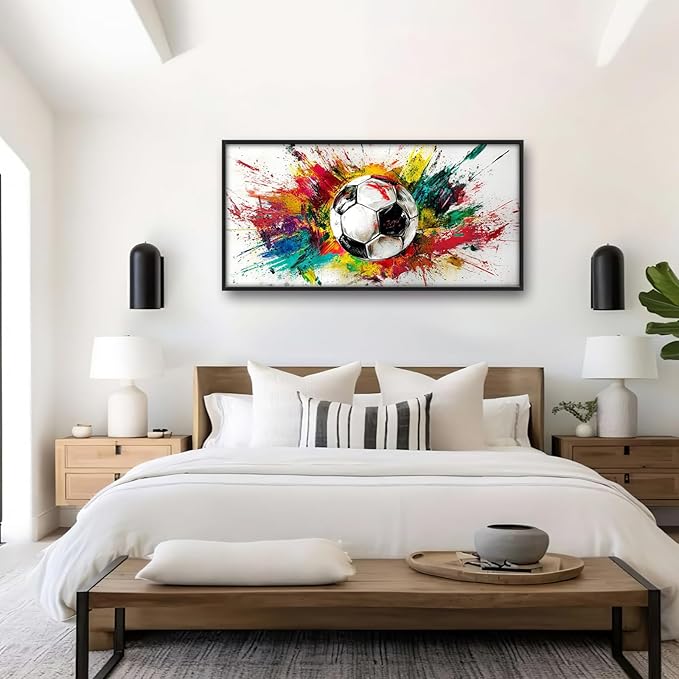 Extra Large Framed Soccer Wall Art,Oversized Colorful Graffiti Sport Ball Wall Decor Pictures for Living Room,Canvas Print Painting Modern Artwork Bedroom Office Bathroom Home Decor 60L x30W-PurrikoPets