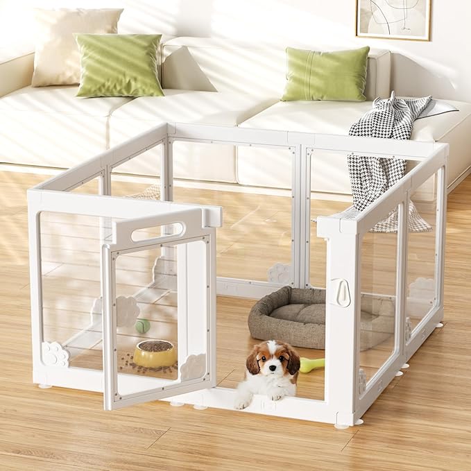 Acrylic Clear Dog Play Pen Indoors, Puppy Playpen with Door for Small Dogs Puppies, Transparent Plastic Pet Playpen Cage Fence Crate Kennel for Cat Kitten Rabbit Bunny Ferret etc (White-8 Panels)-PurrikoPets