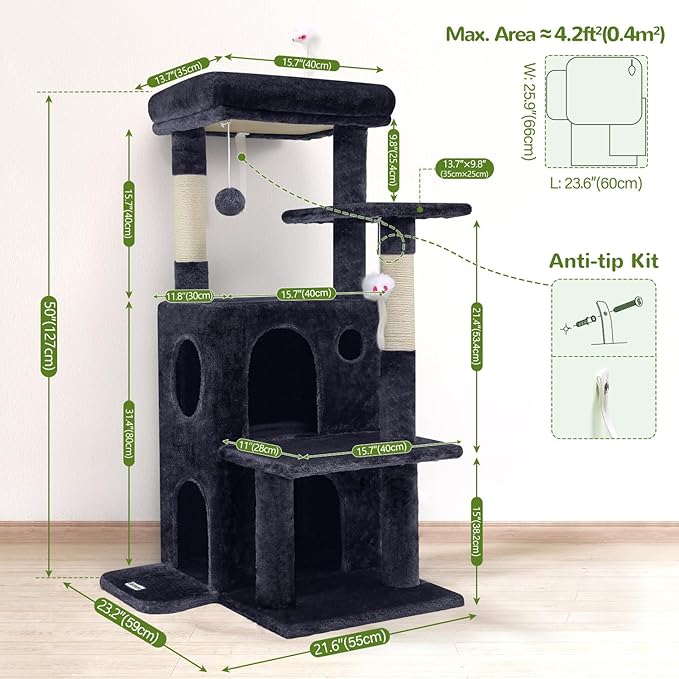 Globlazer Cat Tree Tower for Indoor Cats, 50-inch Adult Cat Tree House for Large Adult Cats with Steps, Scratching Post, 2 Cat Caves, Dangling Toys, FC50, Dark Grey-PurrikoPets