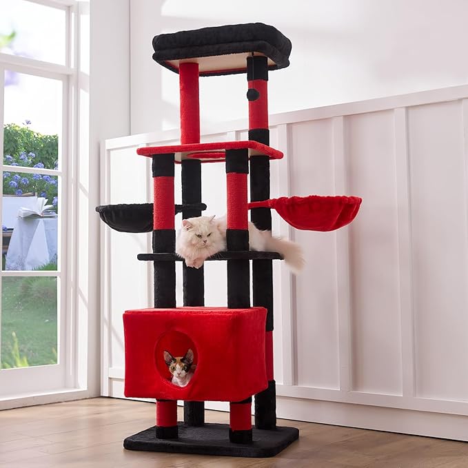 Gardner Pet 65in Heavy Duty Cat Tree Tower for Large Cats, Multi-Level Cat Furniture with Replaceable Sisal Scratching Post, Hammock | Extra-Large Platform & Condo (Black Red, Basic φ:2.84")-PurrikoPets