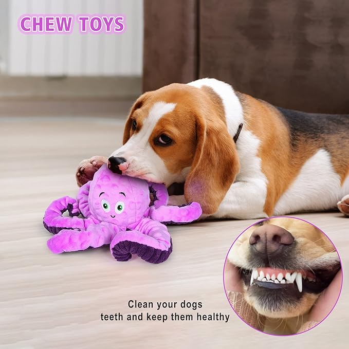 Dog Squeaky Toys Octopus - Tough Plush Large Medium & Small Dog Toys - Stuffed Animals Puppy Toys - Funny Cute Dog Toy for Dog Birthday Presents (Octopus Purple)-PurrikoPets