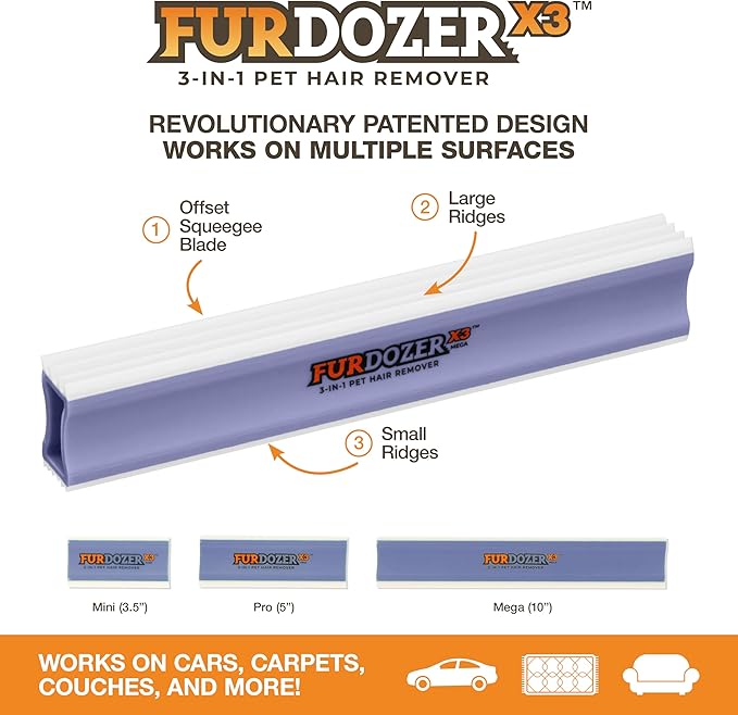 FurDozer X3 MEGA Pet Hair Remover & Auto Detailing Tool - Cat & Dog Hair Remover for Carpet, Car Interior, Couch, Bedding, & Furniture - Reusable Pet Hair Removal Tool for Dog Fur & Lint, 10", Purple-PurrikoPets