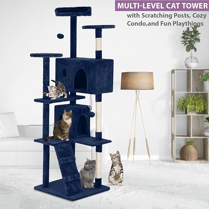 70 Inches Multi-Level Cat Tower for Indoor Cats - XL Tree Climbing Condo With Scratching Posts and Hanging Toys, Navy Blue-PurrikoPets