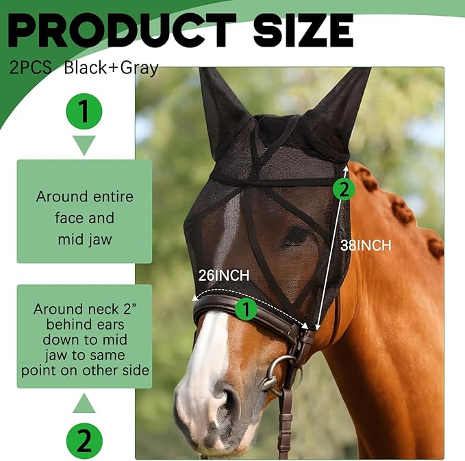 2 Pcs Horse Fly Mask with Ears Adjustable UV Protection Horse Fly Mask Accessories Large Eye Space with Ears for Horses Summer, Black and Gray, L-PurrikoPets