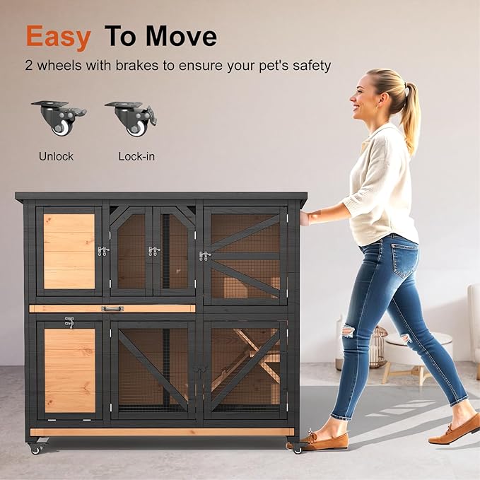 47.3" Two Story Rabbit Cage Bunny Cage Indoor, Wooden Rabbit Hutch Hamster Cages for Small Animals, Outdoor Guinea Pig Cages with Wheels & 2 Removable Trays & Bottom Wire Mesh-PurrikoPets