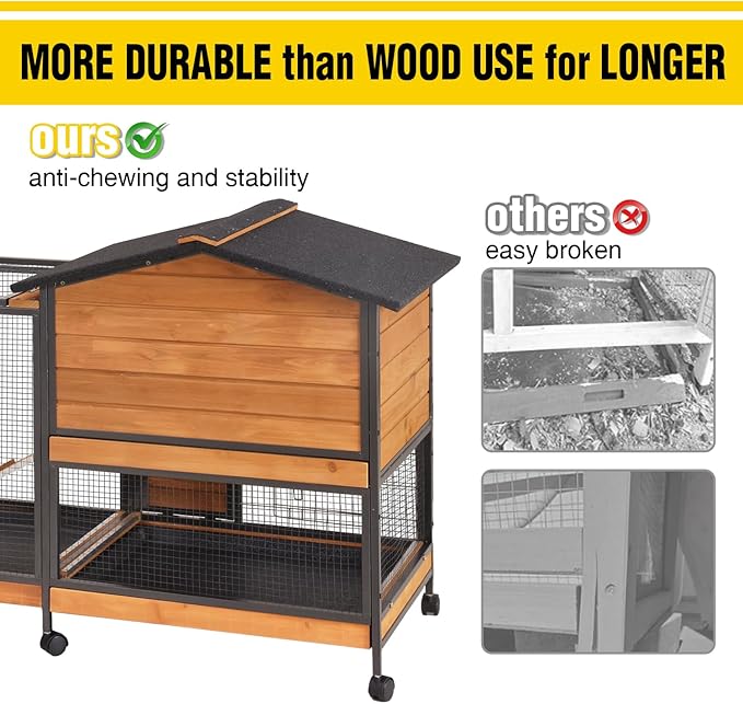 AIVITUVIN Rabbit Hutch Indoor with Metal Frame Rabbit Cage with Pull Out Tray No Leakage Bunny Cage with Wheel Guinea Pig Cage-PurrikoPets