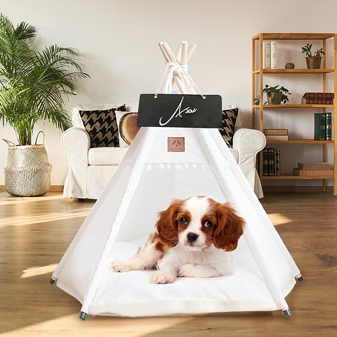 Dog Teepee Pet Tent Portable Dog Houses Puppy Teepee Cat Bed with Thick Cushion-PurrikoPets