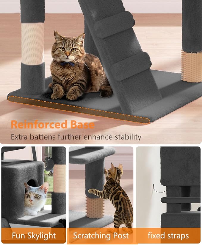 54" Cat Tree Tower for Indoor Cats Large Adult,Cute/Tall Modern Cat Tree for Big Cats 20 lbs, Plush Multi-Level Cat Condo with Scratching Posts,Hammock, Dangling Ball (Smoky Gray, 54 inch)-PurrikoPets