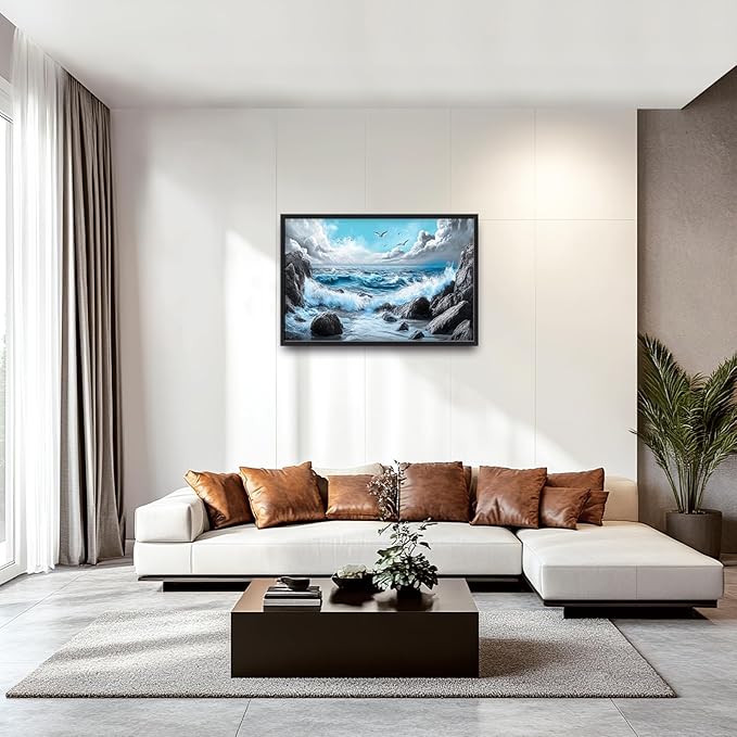 Extra Large Framed Abstract Sea Ocean Wall Art,Black and White Wall Decor, Coastal Seashore Pictures for Living Room,Canvas Print Painting Modern Artwork Bedroom Office Bathroom 36L x 24W-PurrikoPets